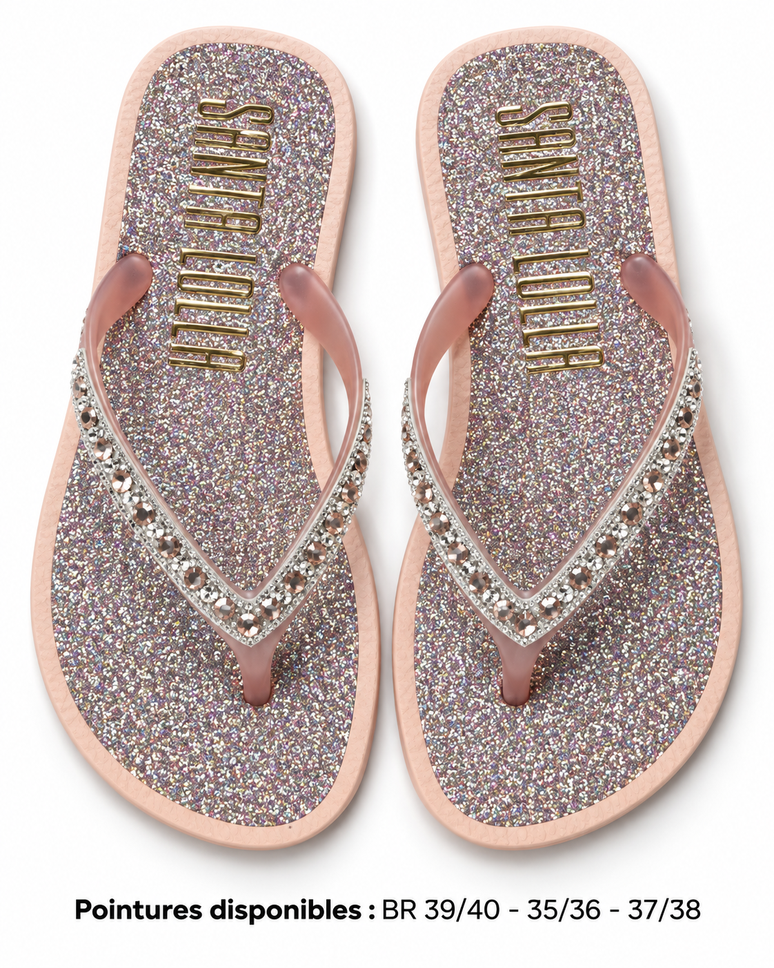 Paire de savates rose clair holographique à strass sur fond blanc