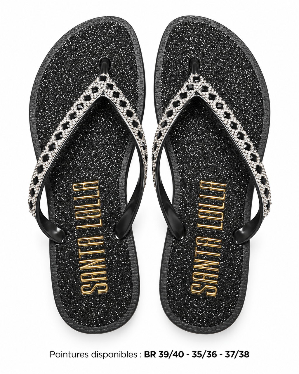 Paire de savates Santa Lolla noires pailletées sur fond blanc