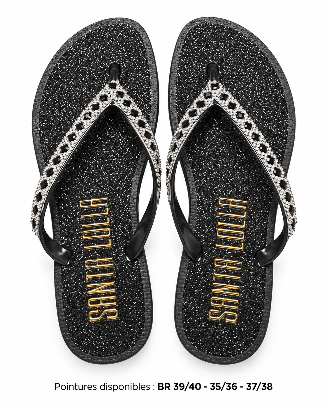 Paire de savates Santa Lolla noires pailletées sur fond blanc