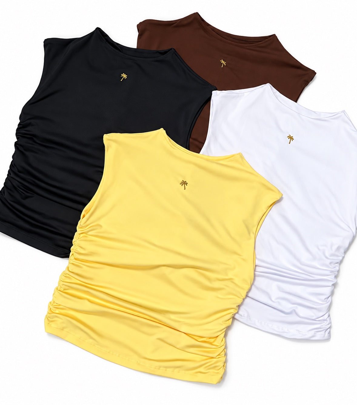 Quatre coloris des tops légers à fronces et petit palmier doré