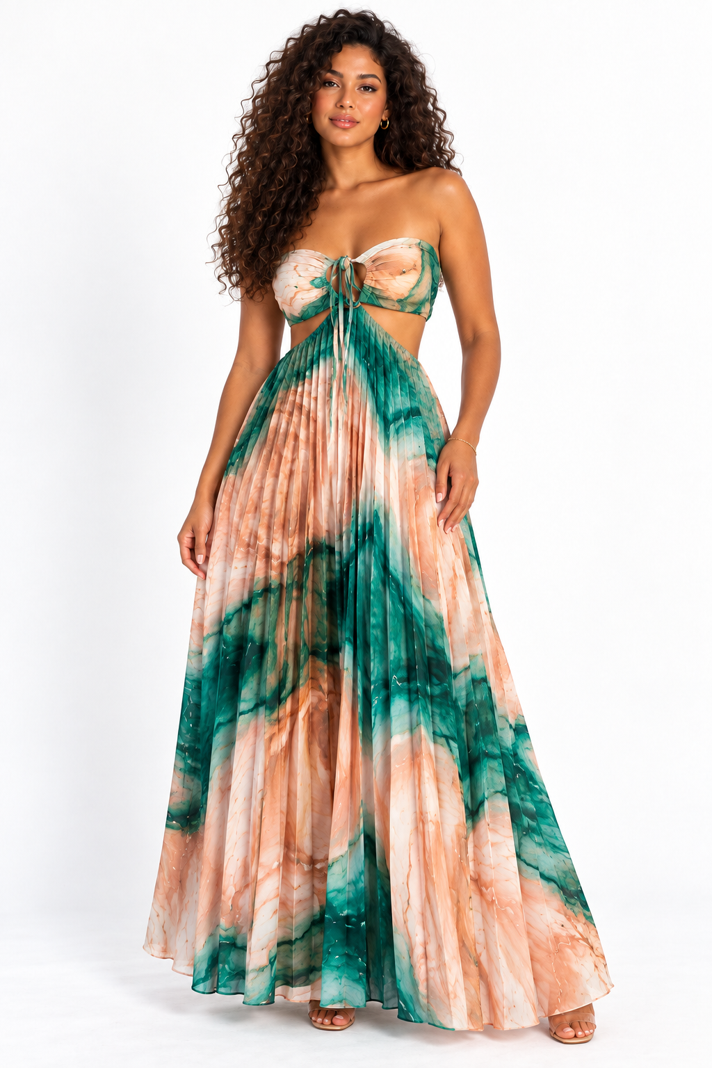 Robe longue plissée imprimée à découpes – Vert et pêche