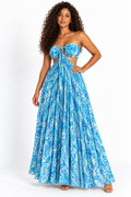 Robe longue plissée imprimée à découpes – Bleu et blanc
