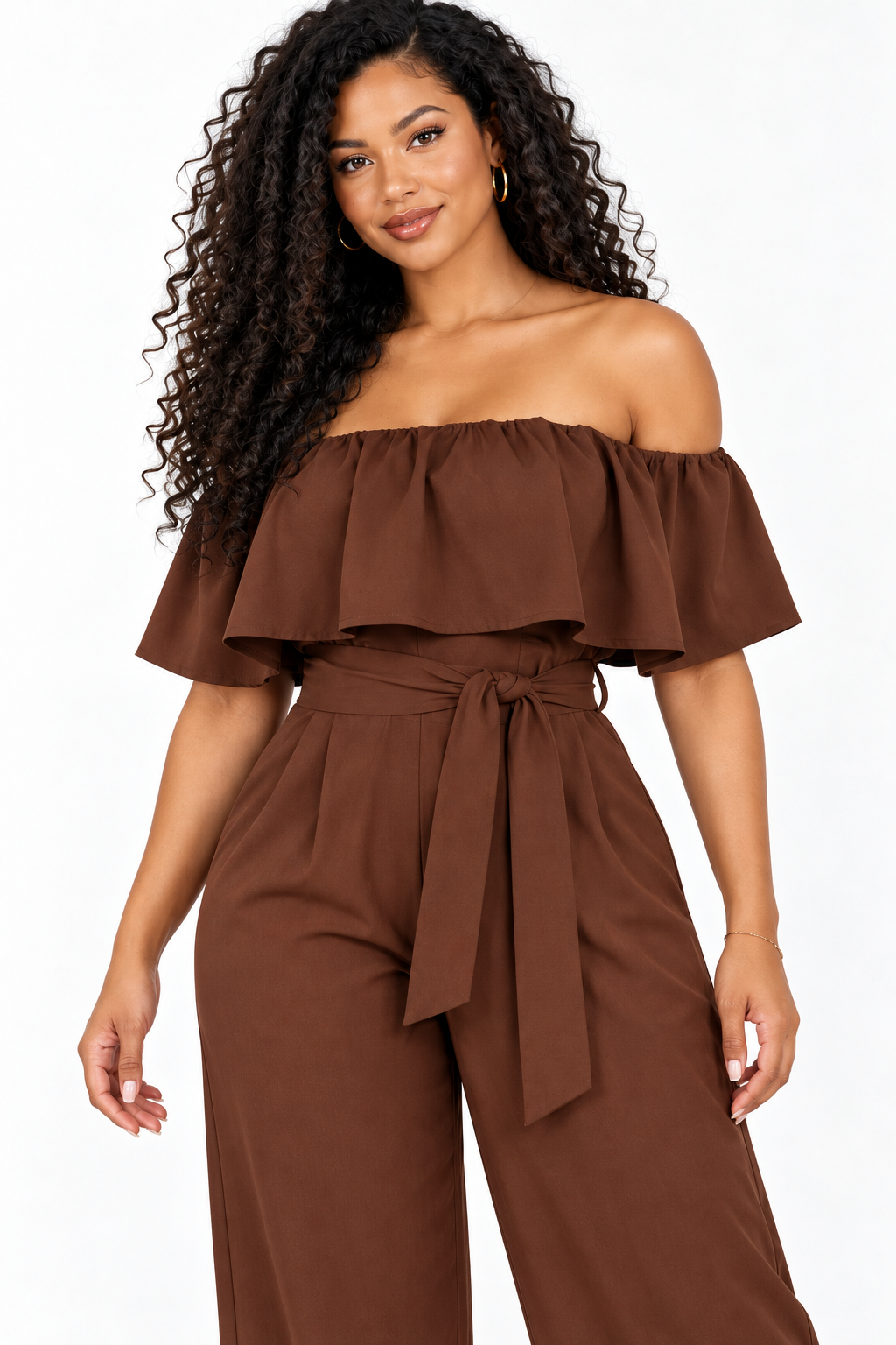 Combinaison épaules dénudées à ceinture – Marron, détail