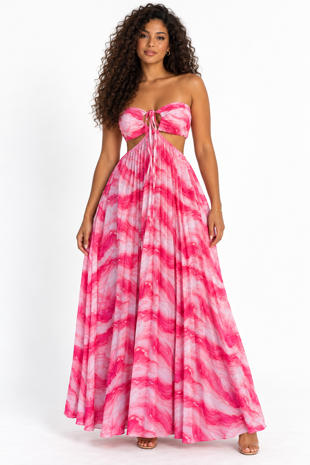 Robe longue plissée imprimée à découpes – Rose