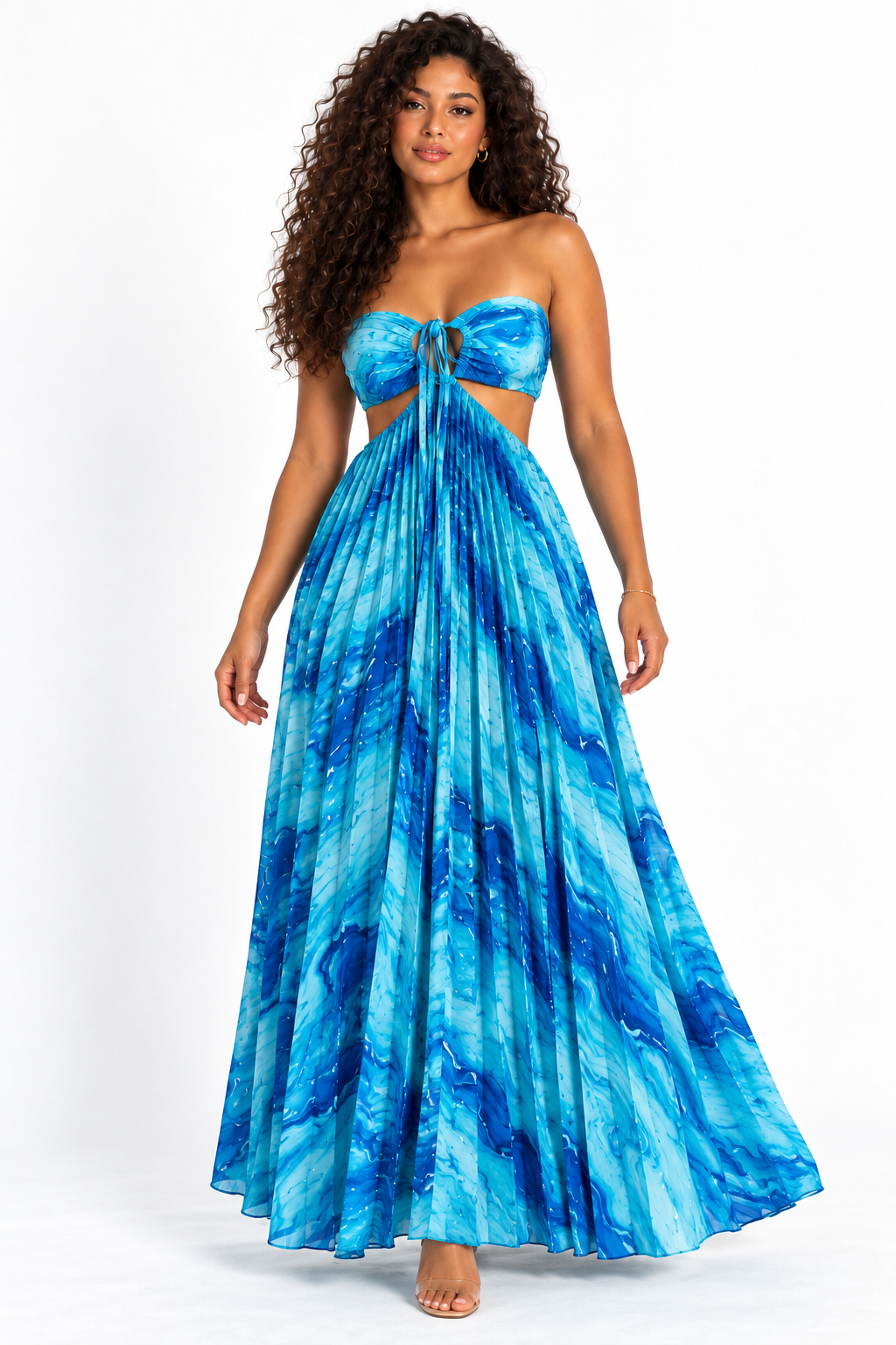 Robe longue plissée imprimée à découpes – Bleu turquoise
