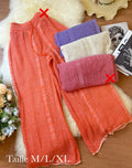 Pantalons en maille ajourée lilas et écru, autres coloris barrés