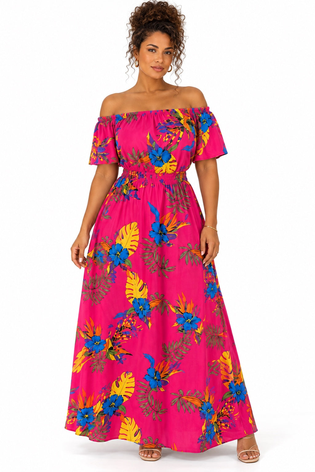 Robe fuchsia imprimé tropical