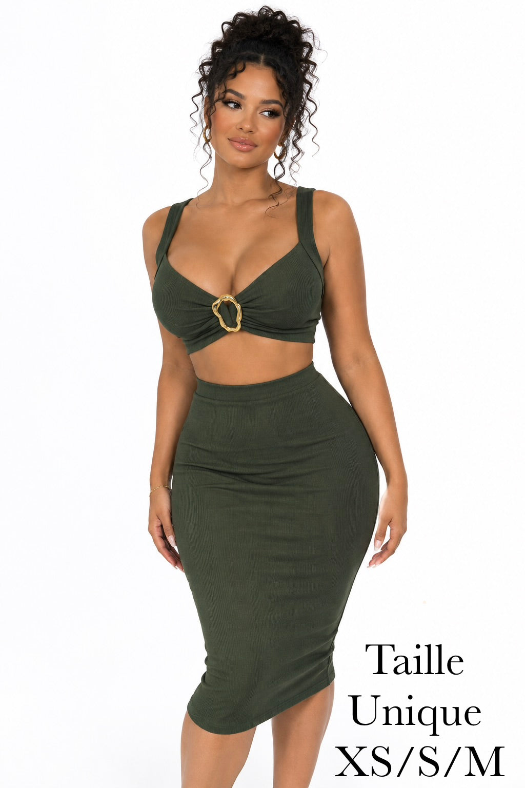 Ensemble côtelé jupe midi et top à bijou doré - Vert kaki