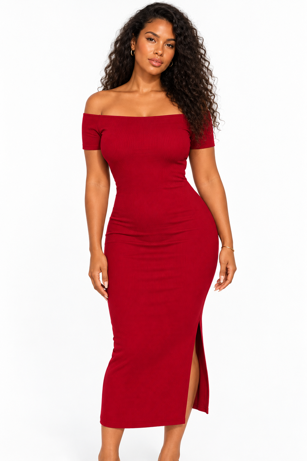 Robe côtelée épaules dénudées rouge sur mannequin, fond blanc