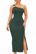 Robe midi côtelée asymétrique à fleur dorée – Vert foncé