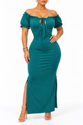 Robe longue côtelée Bardot Vert canard