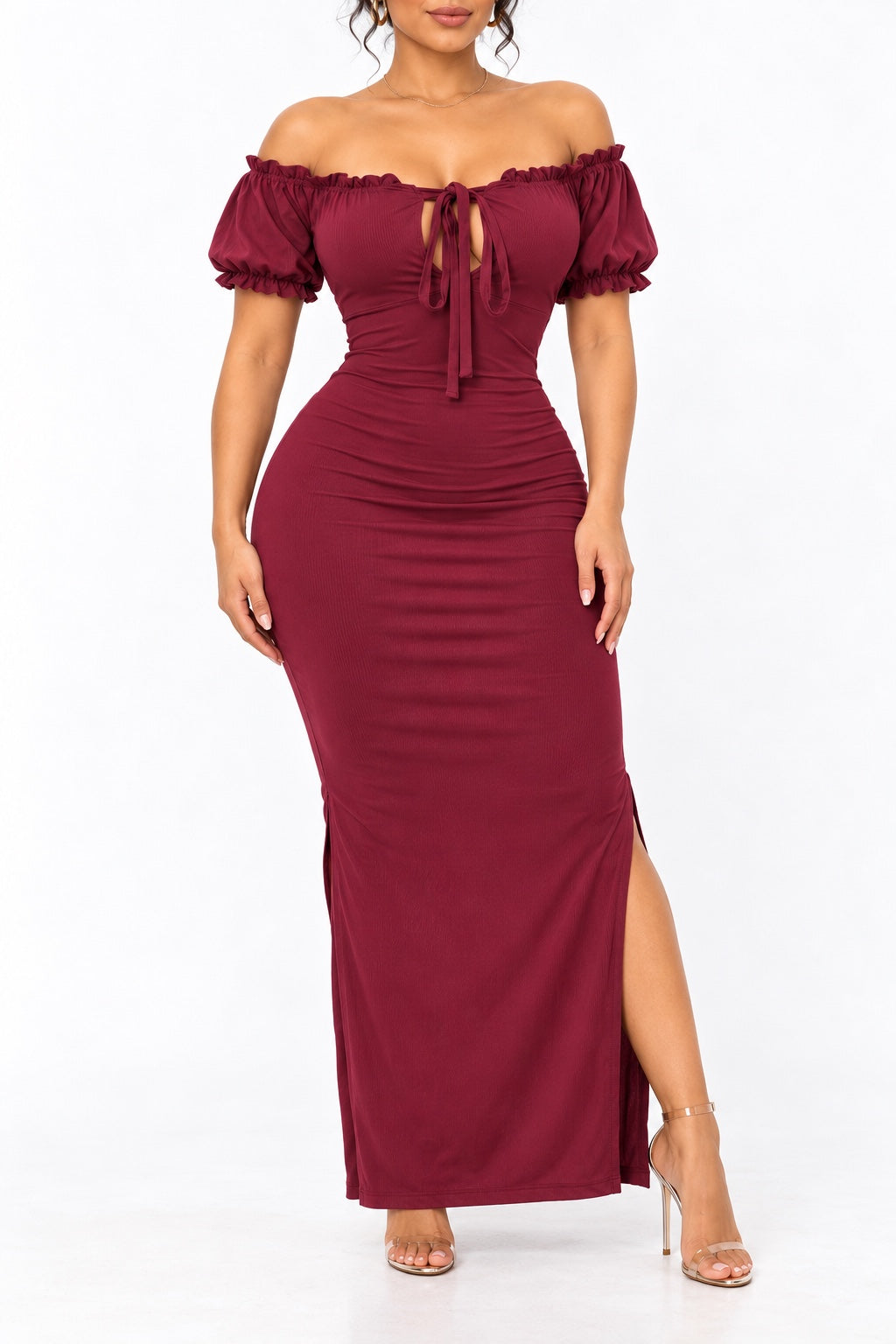 Robe longue côtelée Bardot Bordeaux