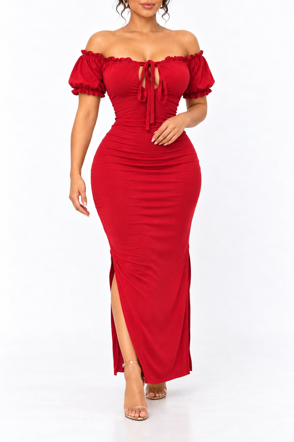 Robe longue côtelée Bardot Rouge deuxième vue