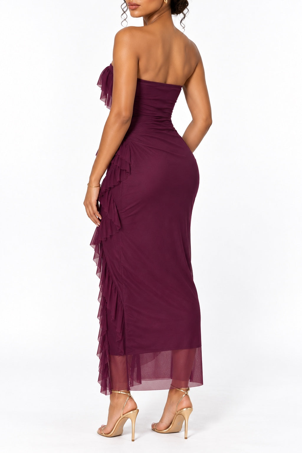 Robe bustier à volants bordeaux dos