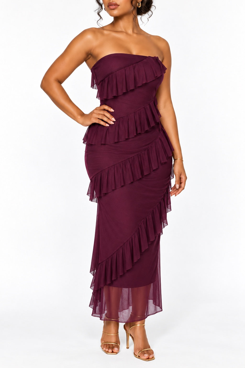 Robe bustier à volants bordeaux face