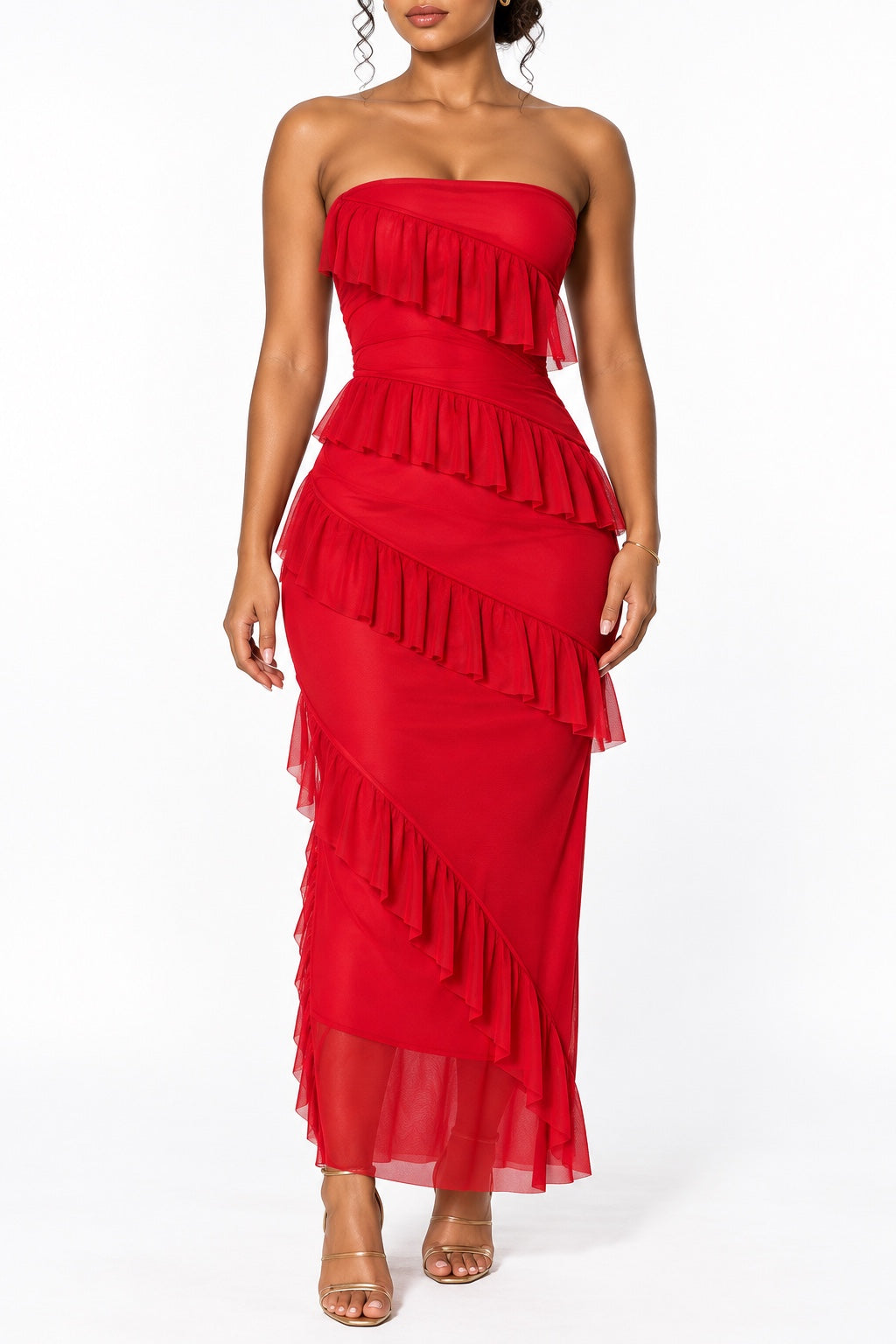 Robe bustier à volants rouge face