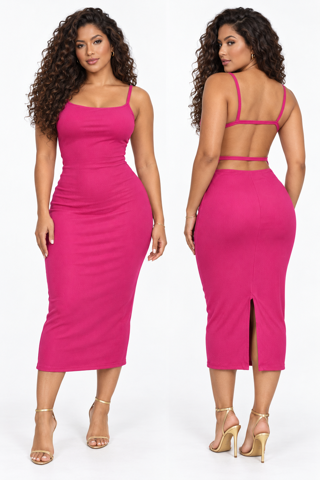 Robe midi côtelée à dos ouvert et doubles liens — Fuchsia