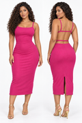 Robe midi côtelée à dos ouvert et doubles liens — Fuchsia