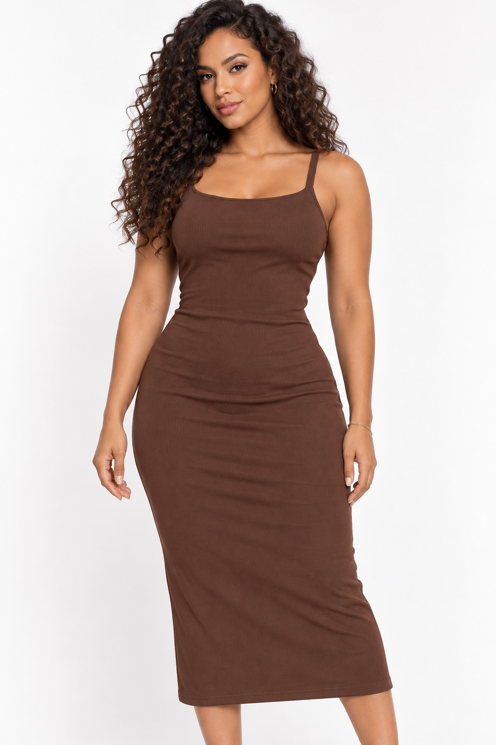 Robe midi côtelée à dos ouvert et doubles liens — Chocolat