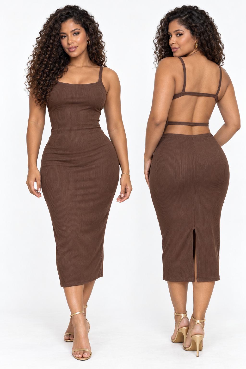 Robe midi côtelée à dos ouvert et doubles liens — Chocolat