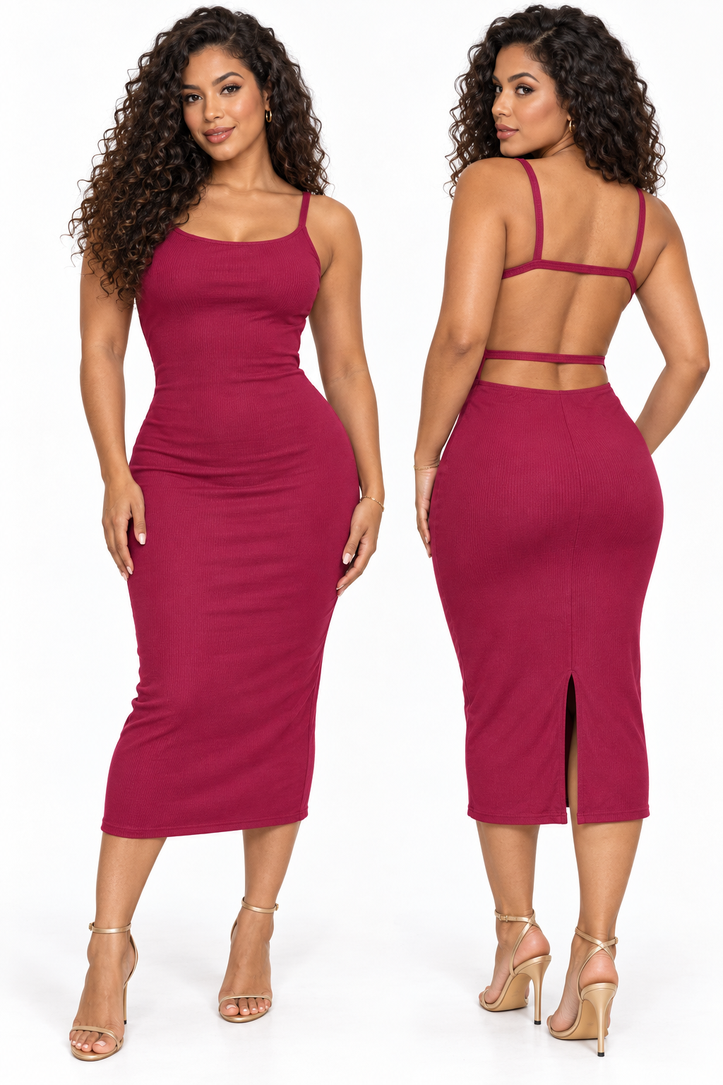 Robe midi côtelée à dos ouvert et doubles liens — Bordeaux