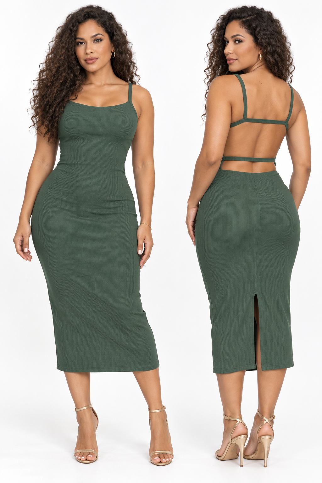 Robe midi côtelée à dos ouvert et doubles liens — Vert militaire