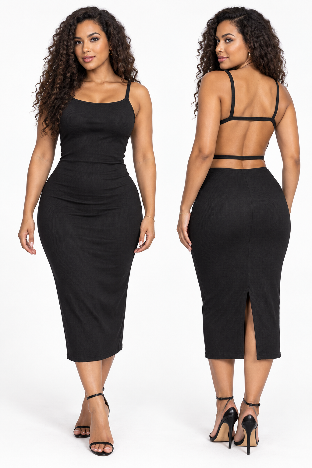 Robe midi côtelée à dos ouvert et doubles liens — Noir