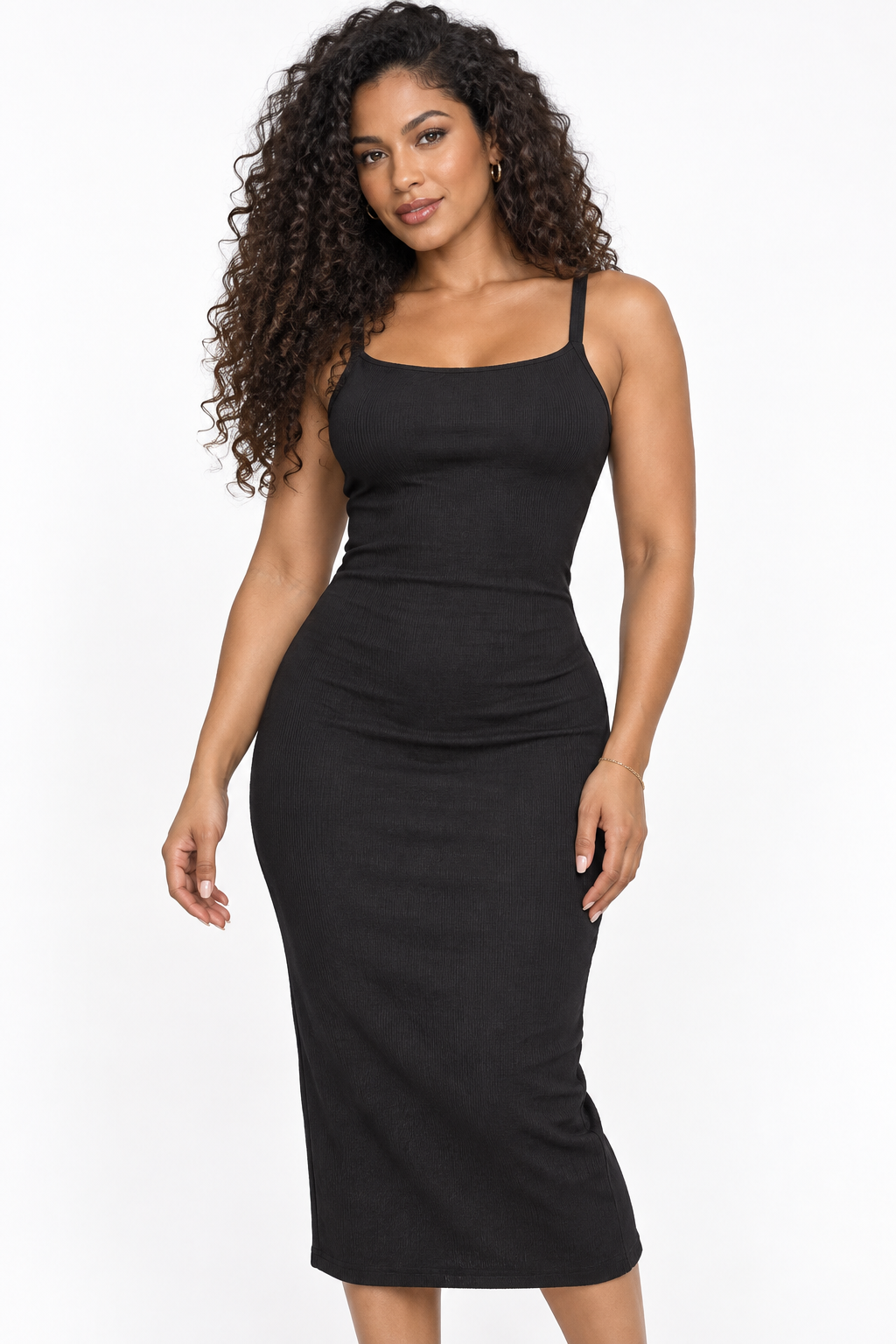Robe midi côtelée à dos ouvert et doubles liens — Noir