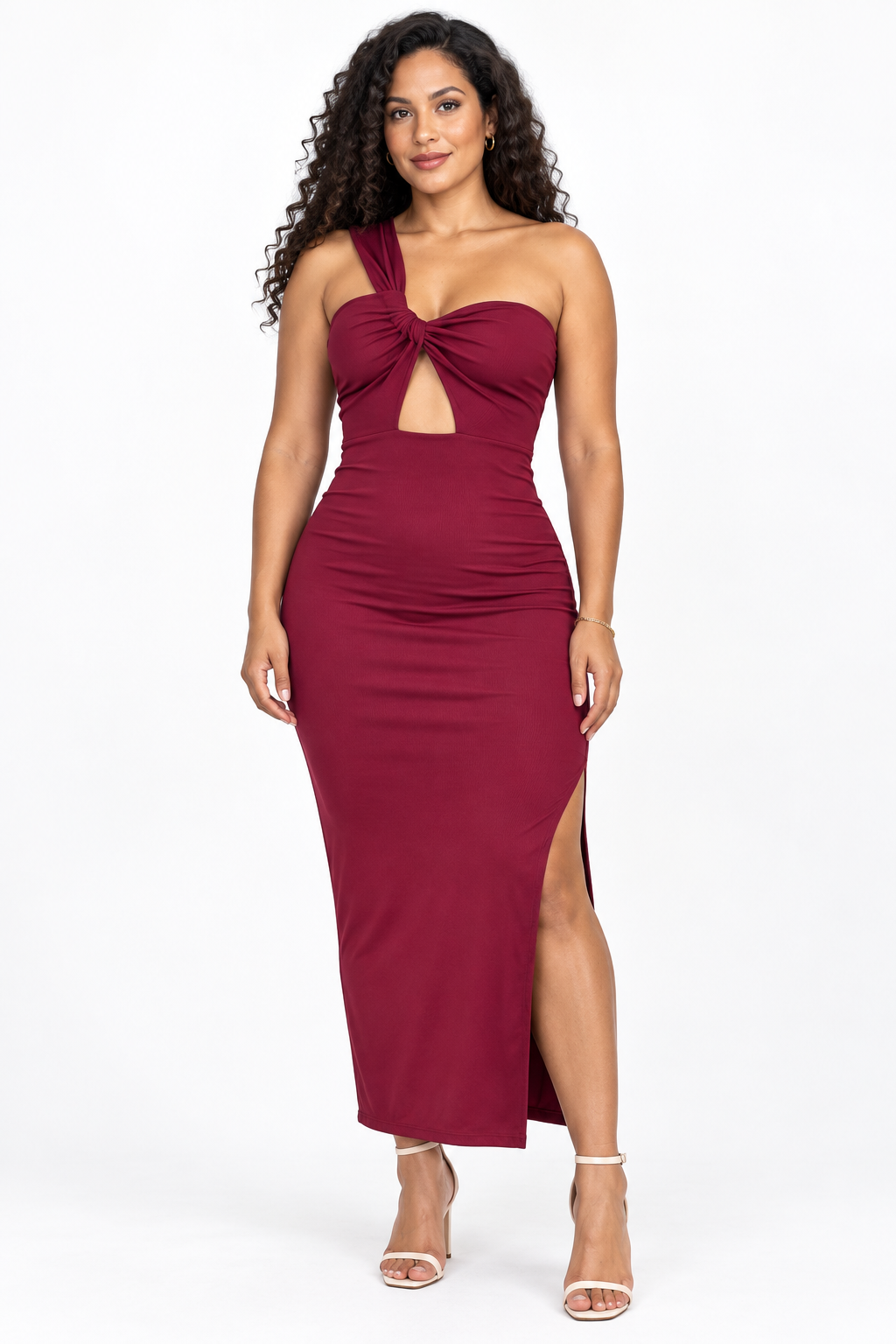Robe midi côtelée asymétrique à nœud — Bordeaux