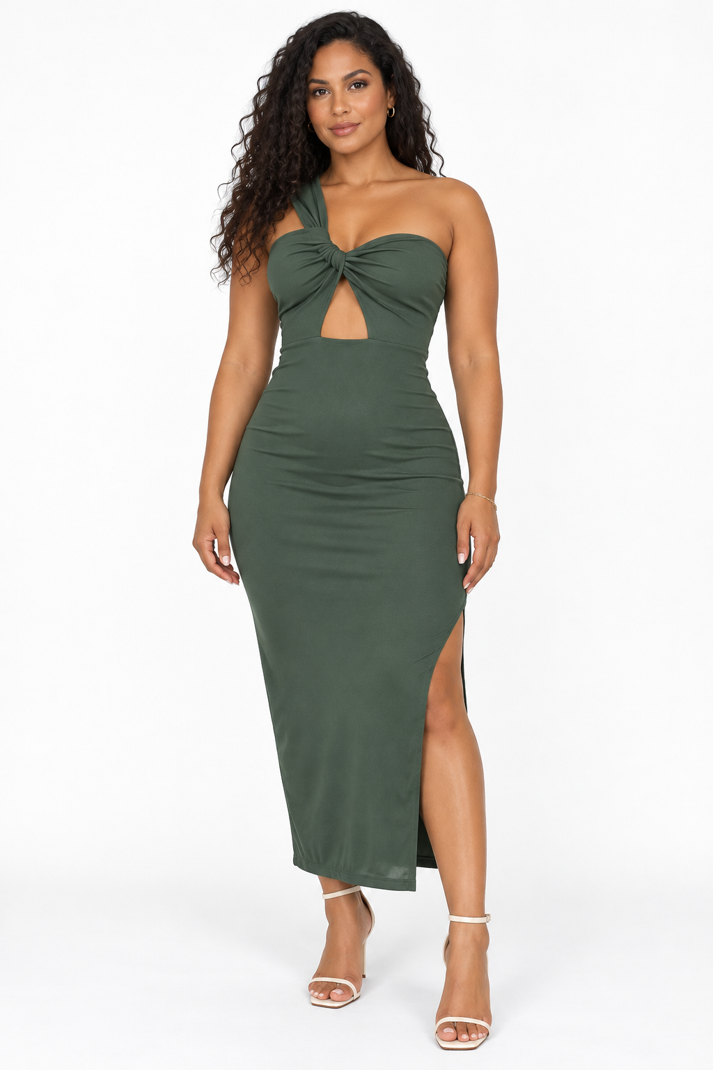 Robe midi côtelée asymétrique à nœud — Vert militaire