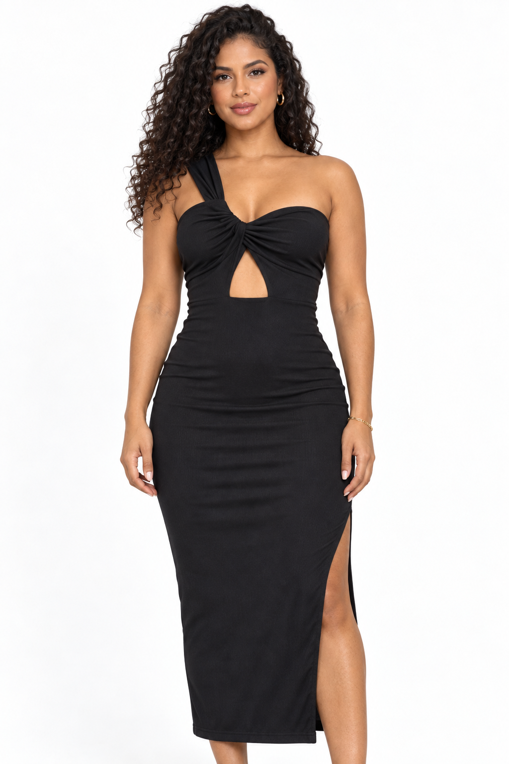Robe midi côtelée asymétrique à nœud — Noir