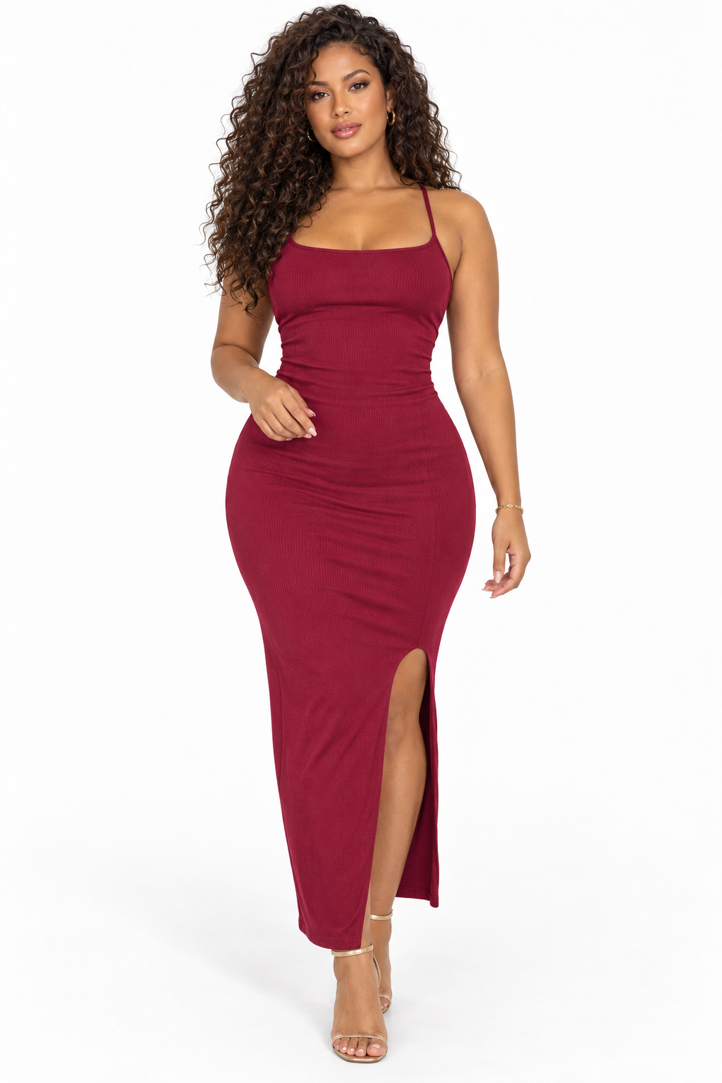Robe midi côtelée à dos lacé — Bordeaux