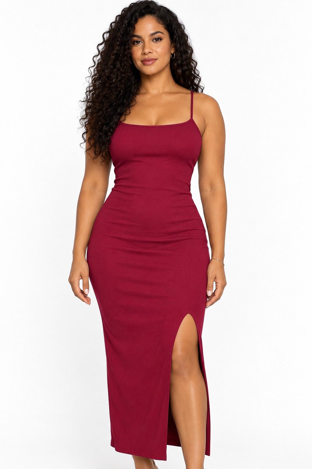 Robe midi côtelée à dos lacé — Bordeaux