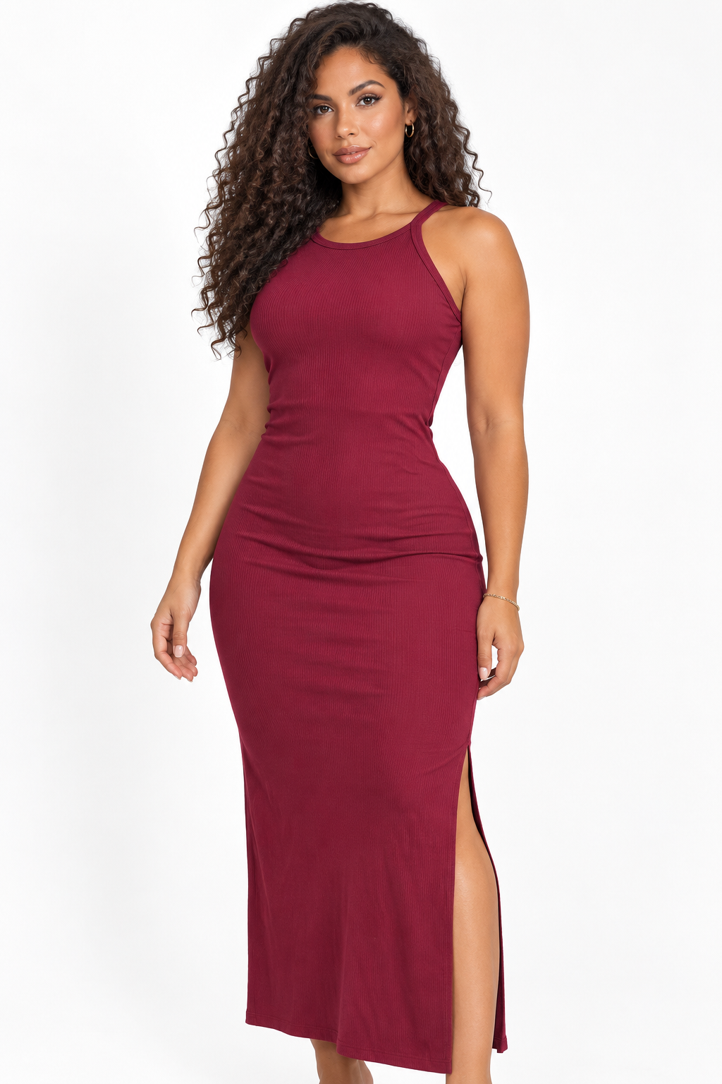 Robe midi côtelée à dos échancré — Bordeaux