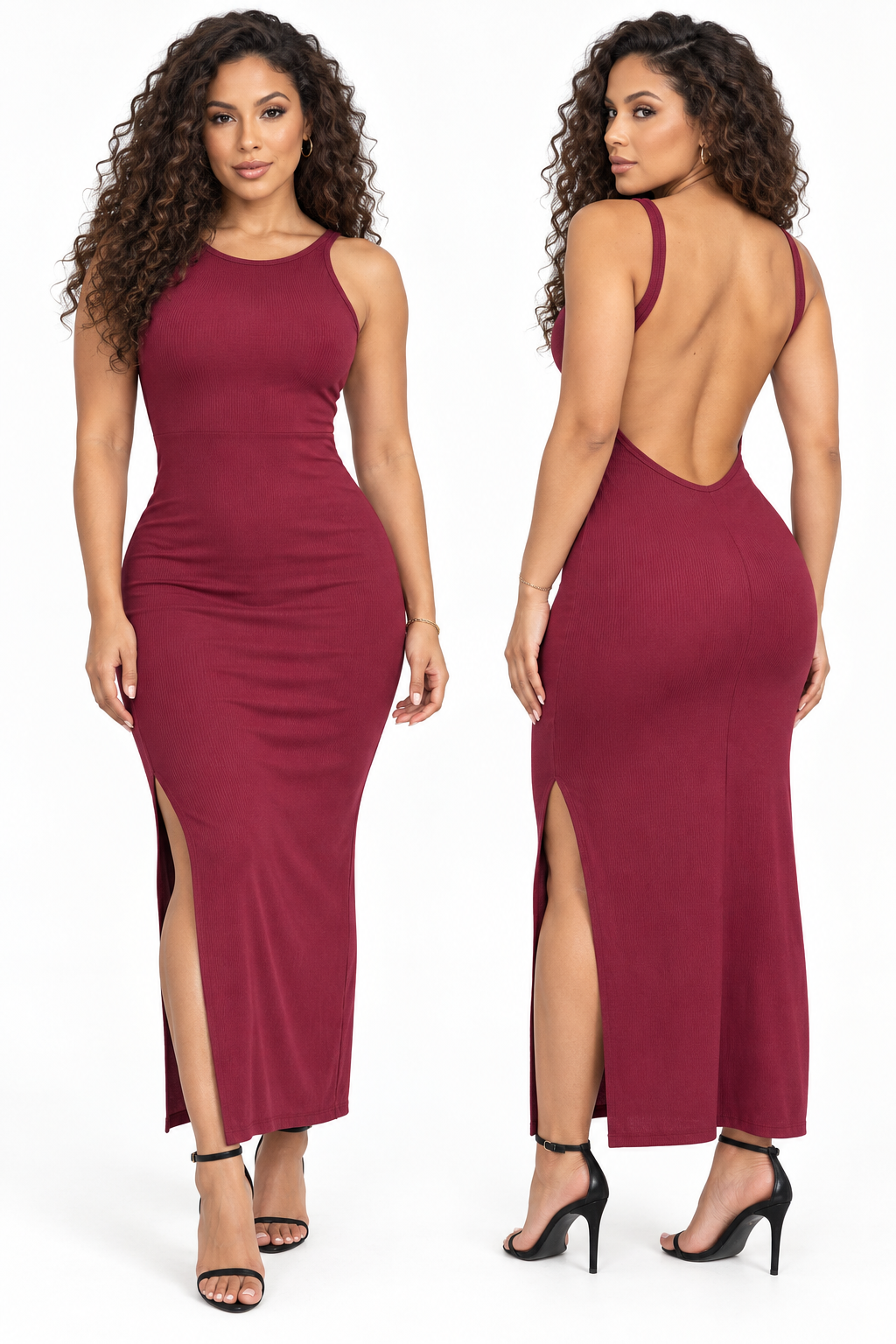 Robe midi côtelée à dos échancré — Bordeaux