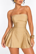 Robe courte bustier doré champagne à jupe évasée et plis