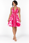 Robe courte imprimée dos nu — Fuchsia à pivoines