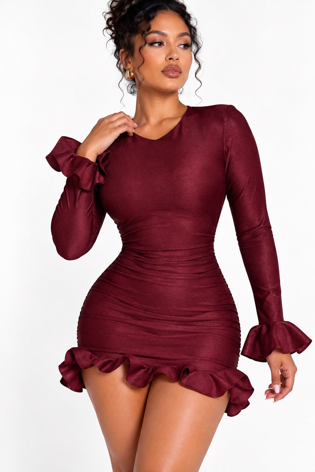 Robe courte moulante bordeaux à manches longues et volants, deuxième vue