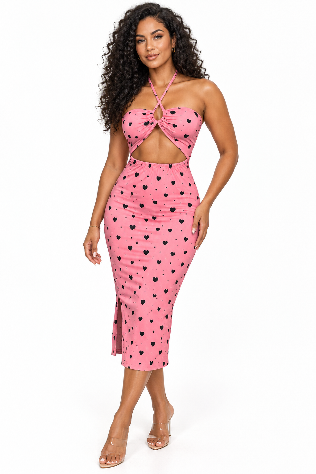 Robe midi à liens croisés et découpe - Rose à cœurs noirs