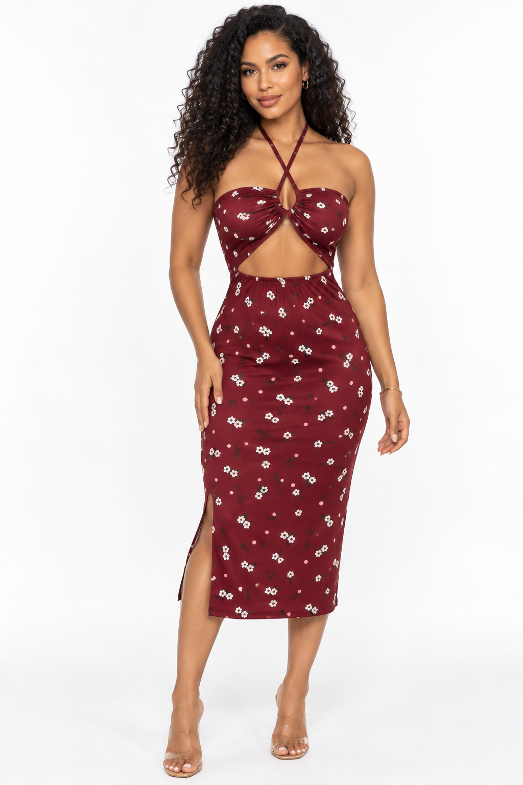 Robe midi à liens croisés et découpe - Bordeaux fleuri