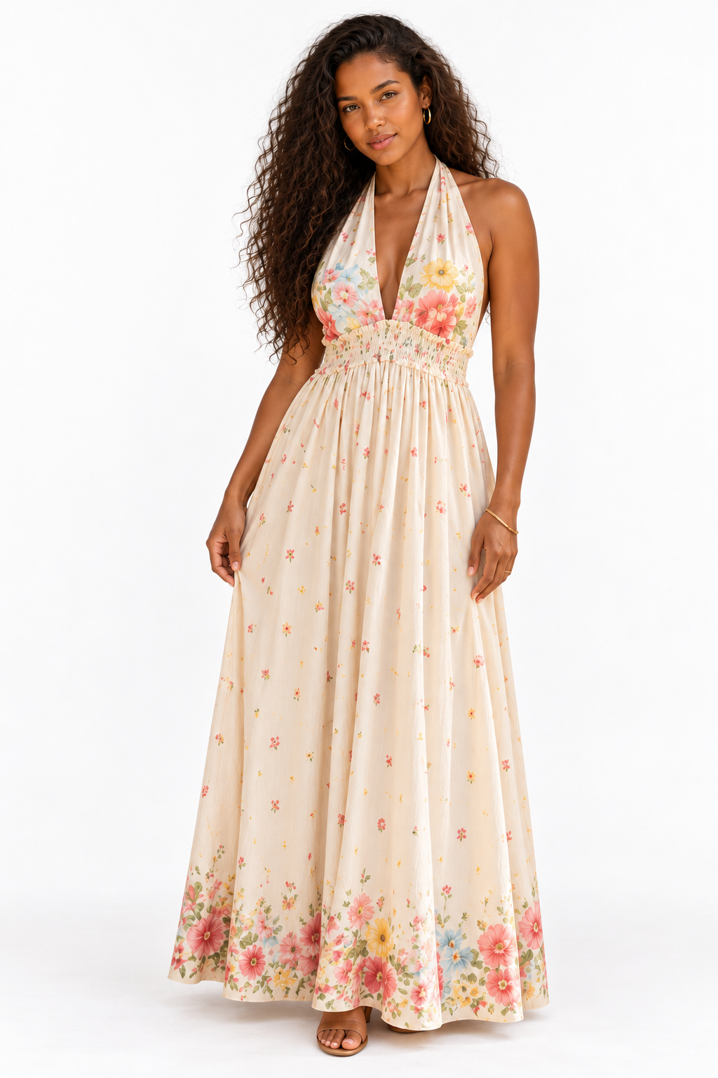 Robe longue imprimée à décolleté plongeant — Beige orange — studio fond blanc
