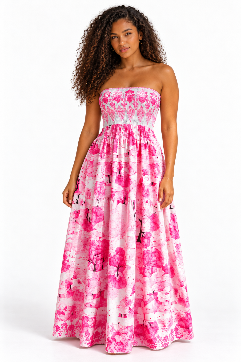 Robe longue fleurie à bustier smocké et volants — Rose et blanc — studio fond blanc