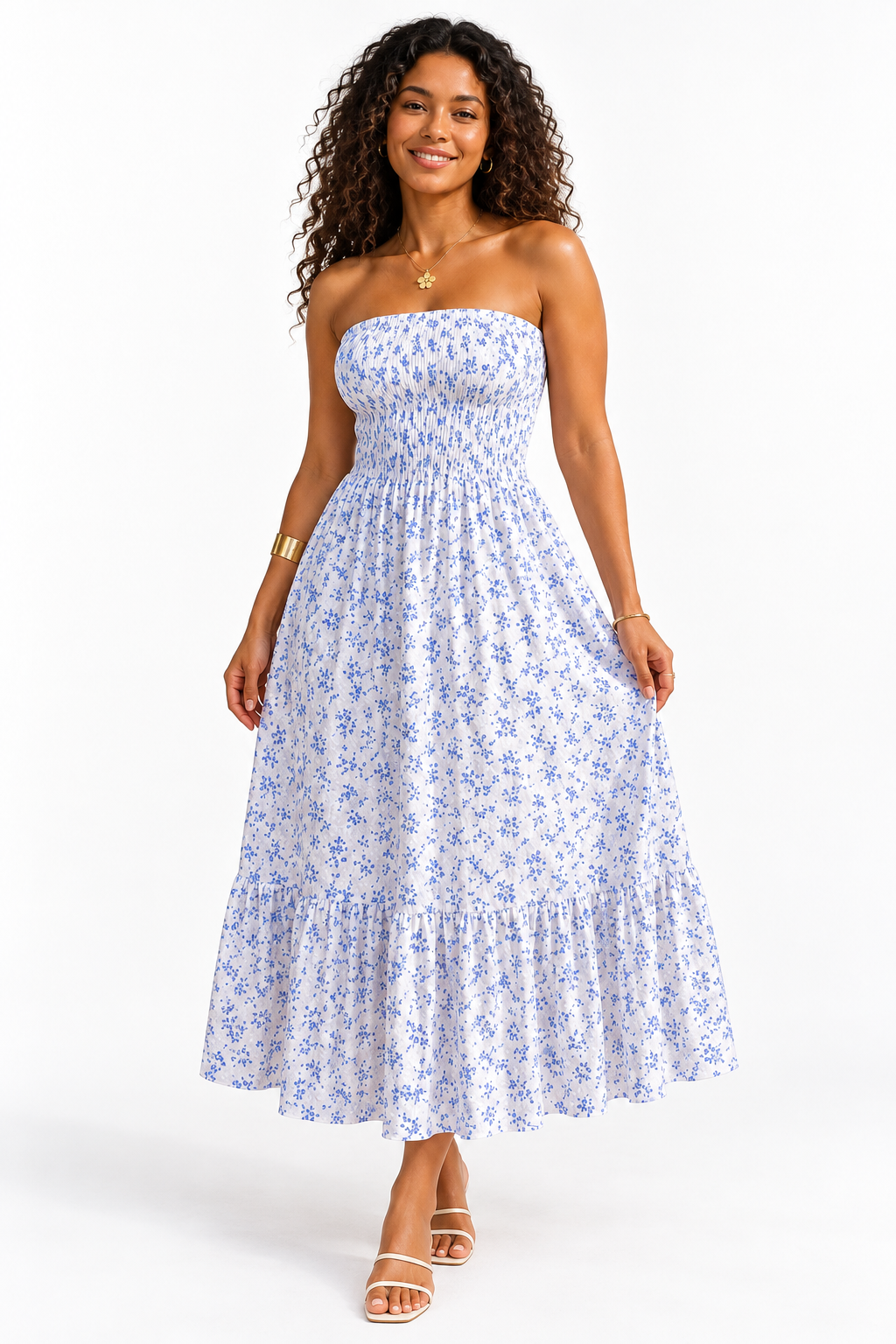Robe longue bustier imprimée à grand volant — Blanc — studio fond blanc