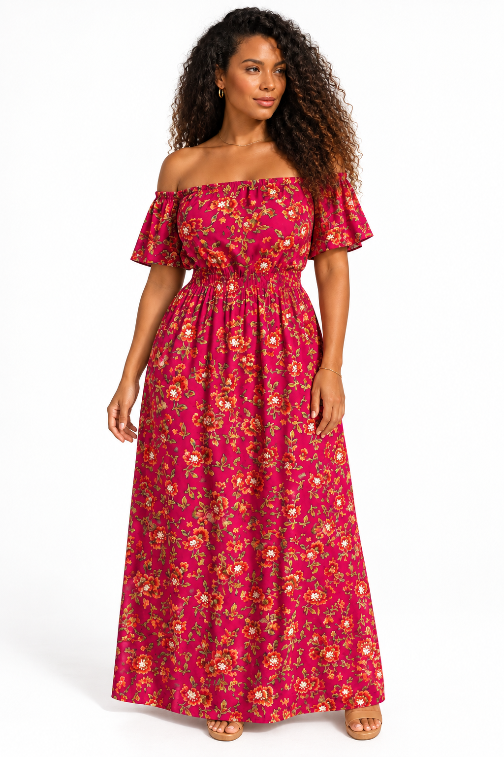Robe longue fleurie à col bardot volanté — Fuchsia — studio fond blanc