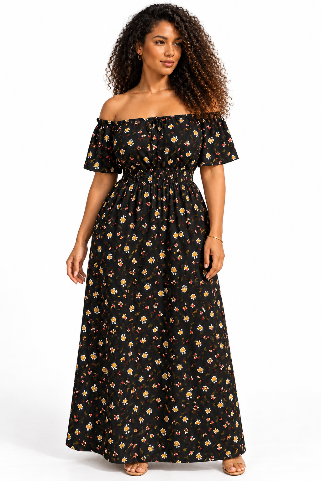 Robe longue fleurie à col bardot volanté — Noir — studio fond blanc
