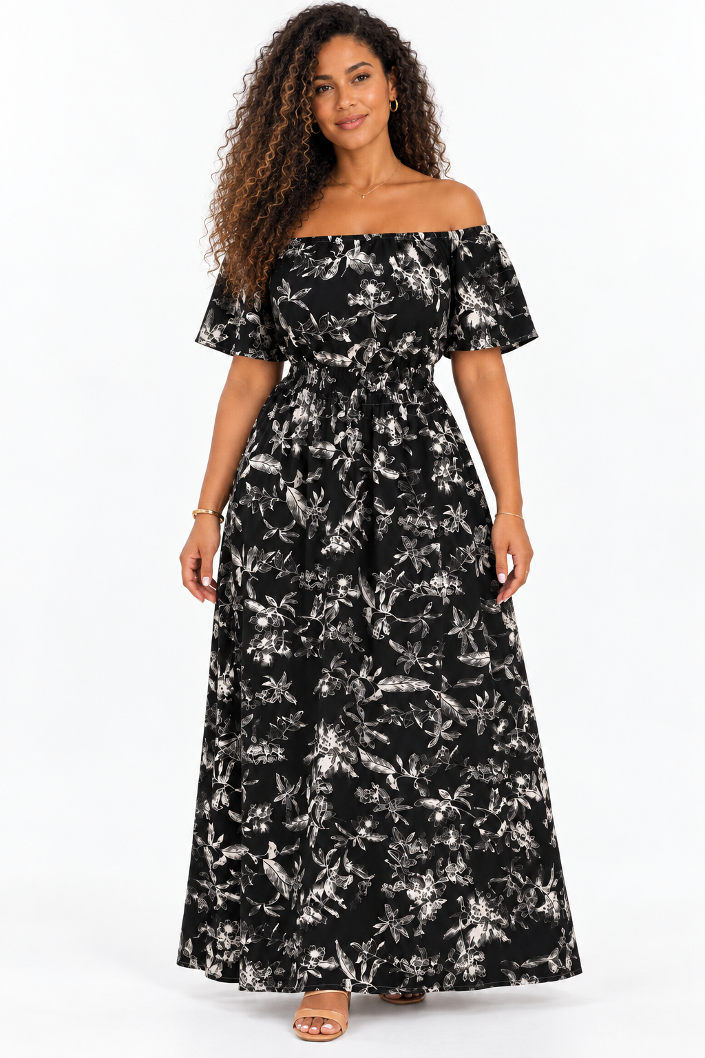 Robe longue imprimée à épaules dénudées — Noir — studio fond blanc