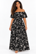 Robe longue imprimée à épaules dénudées — Noir — studio fond blanc