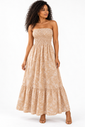 Robe longue bustier imprimée à jupe évasée — Beige — studio fond blanc