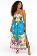 Robe longue bustier à imprimé végétal — Bleu — studio fond blanc