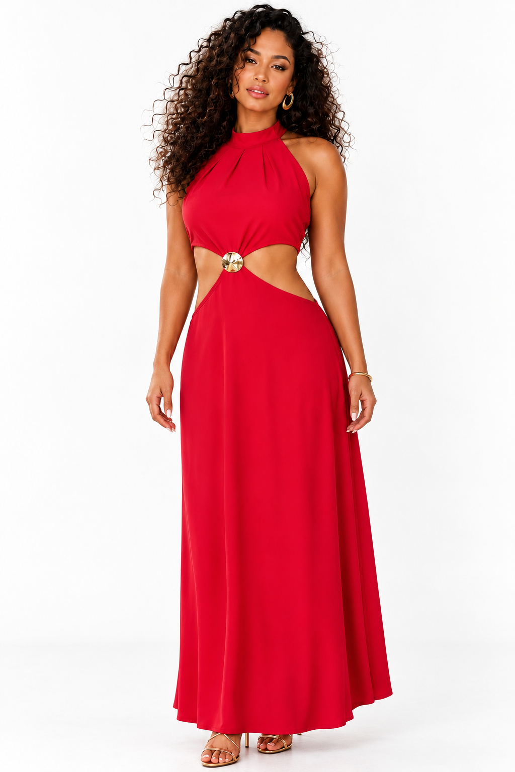 Robe longue tour de cou à découpes — Rouge — studio fond blanc